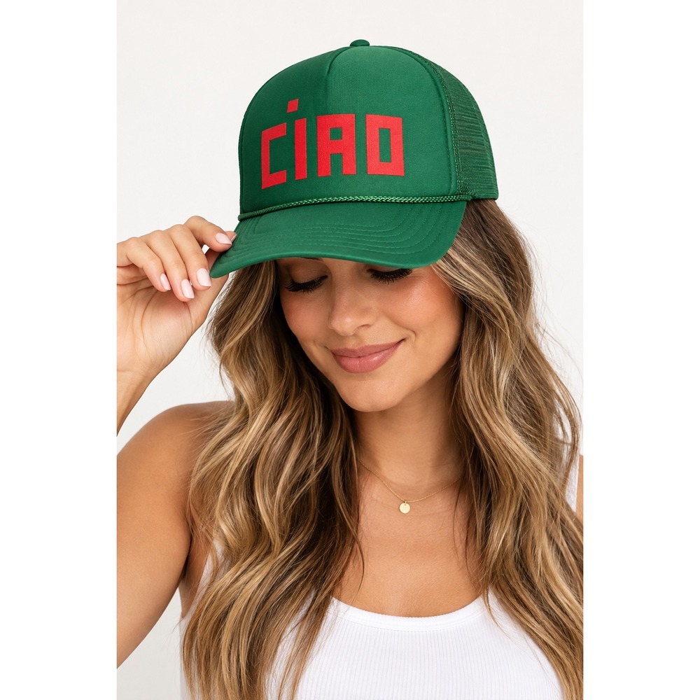 Clare V Green Ciao Trucker Hat Red Graphic Mesh Snapback Cap